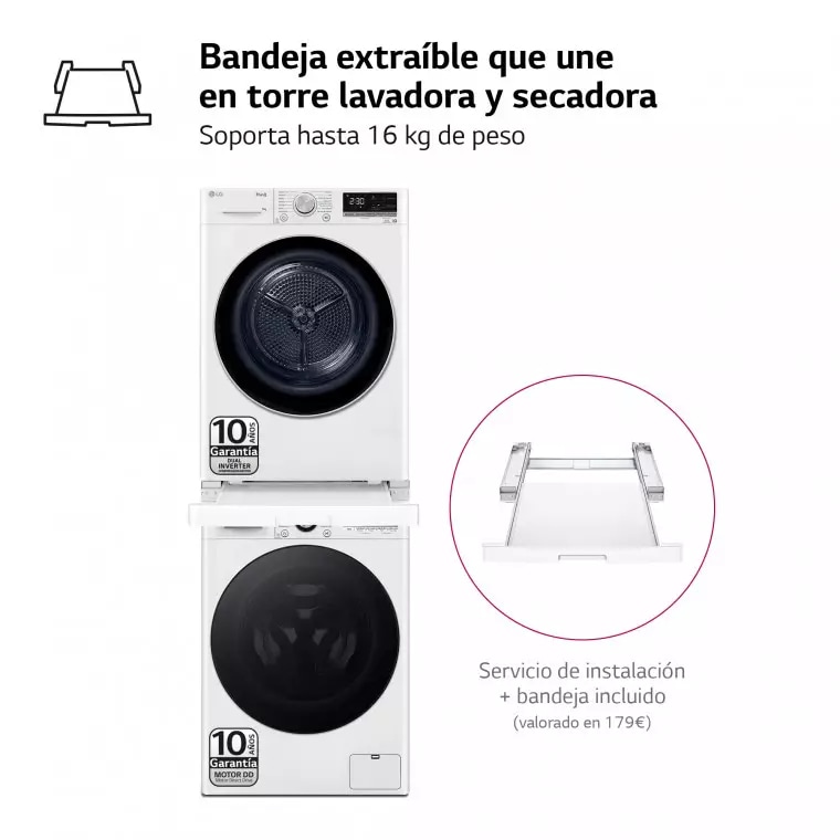 LG Outlet Torre de Lavado, Blanca, Lavadora inteligente 9kg, 1400rpm, 10% más eficiente que A + Secadora 9kg, A+++, TORRE0909PR.OUTLET